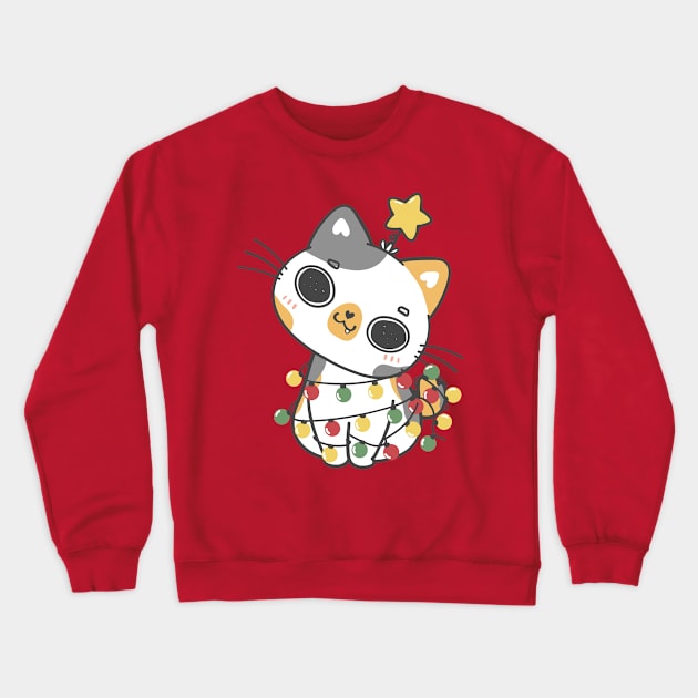 cute kawaii Christmas cat tree cartoon drawing Crewneck Sweatshirt by Janatshie